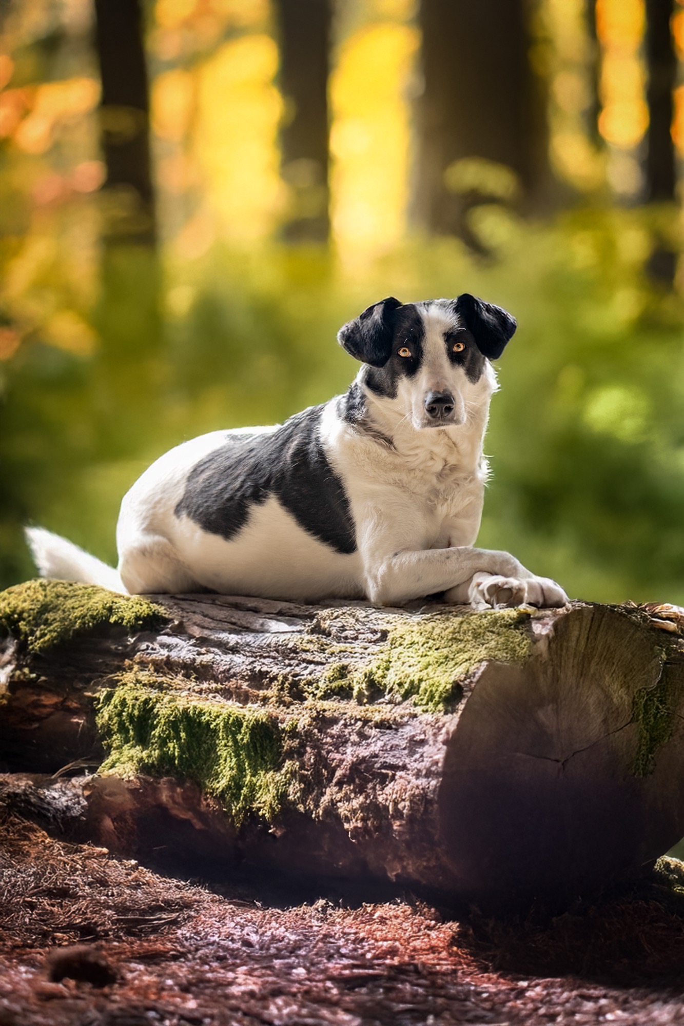 Hund, Wald, Baumstamm, Fotografie Allgäu, Caro's Fotostüble Allgäu